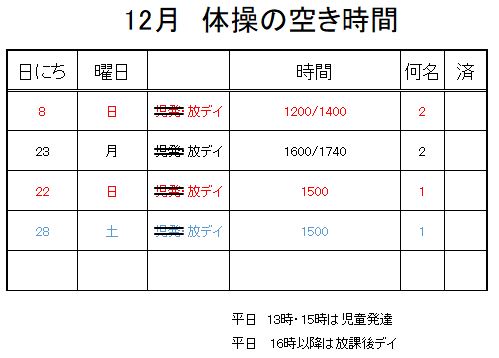 【 2019年度 】12月ご予約空き状況（11/27）