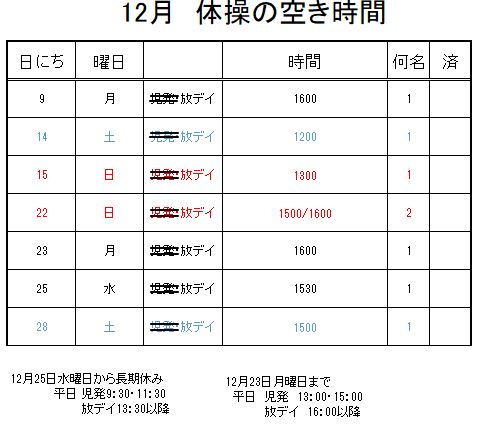 【 2019年度 】12月ご予約空き状況（12/8）