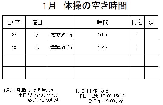 【 2019年度 】1月ご予約空き状況（1/5）