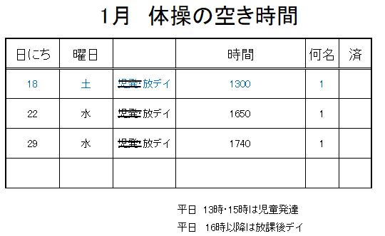 【 2019年度 】1月ご予約空き状況（1/13）