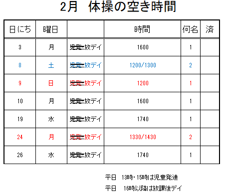 【 2019年度 】2月ご予約空き状況（1/20）