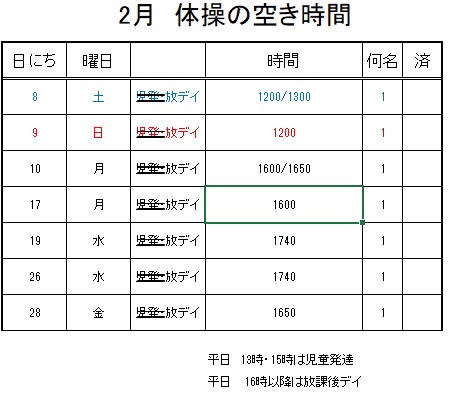 【 2019年度 】2月ご予約空き状況（2/7）