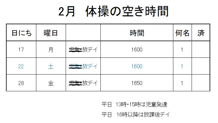 【 2019年度 】2月ご予約空き状況（2/14）