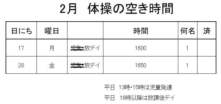 【 2019年度 】2月ご予約空き状況（2/15）