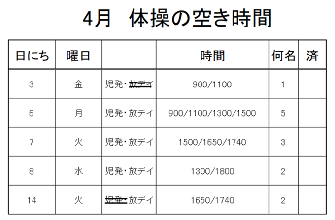 【 2020年度 】4月ご予約空き状況（3/26）