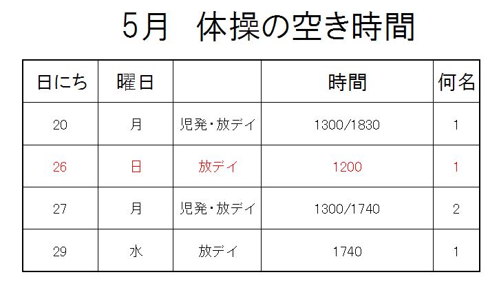 【 2019年度 】５月ご予約空き状況（5/17）