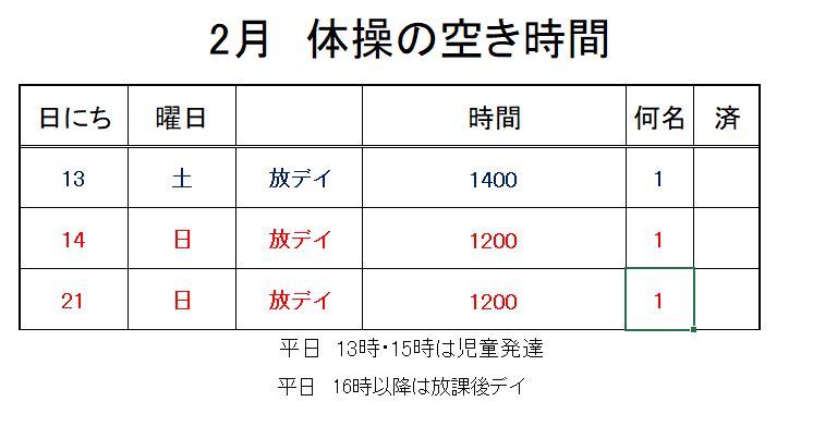 【 2020年度】2月ご予約空き状況（1/27)