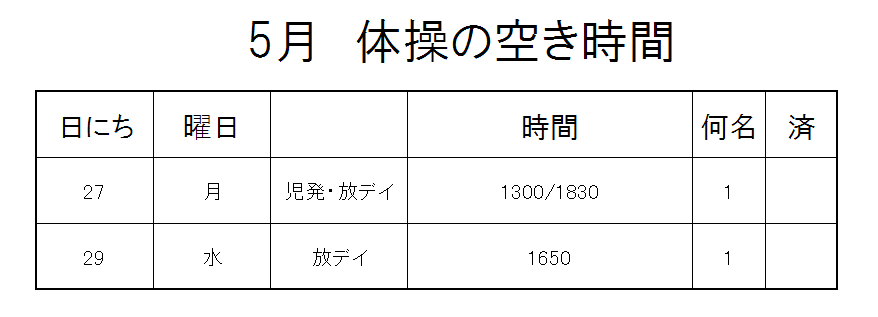 【 2019年度 】５月ご予約空き状況（5/20）