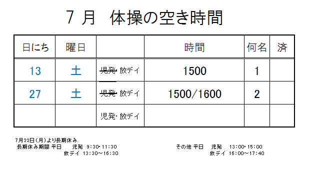 【 2019年度 】7月ご予約空き状況（7/12）